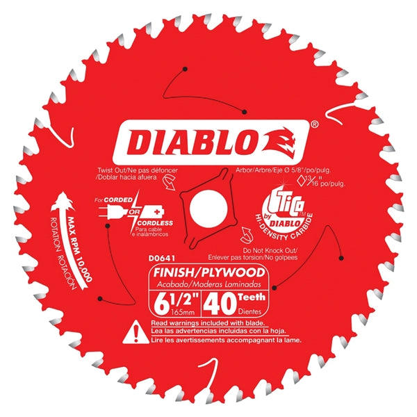Diablo D0641A Circular Saw Blade, 6-1/2 in Dia, 5/8 in Arbor, 40-Teeth, Applicable Materials: Hardwood, Plywood