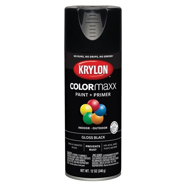 Krylon COLORmaxx K05505007 Spray Paint, Gloss, Black, 12 oz, Aerosol Can