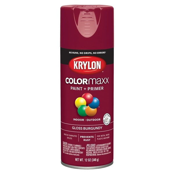 Krylon COLORmaxx K05508007 Spray Paint, Gloss, Burgundy, 12 oz, Aerosol Can
