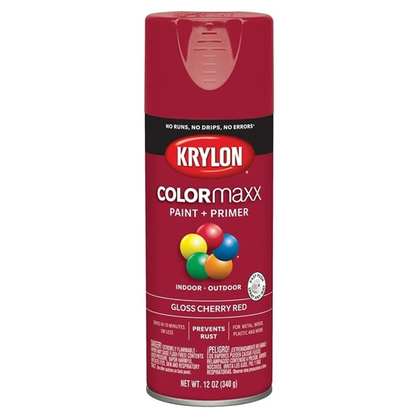 Krylon COLORmaxx K05511007 Spray Paint, Gloss, Cherry Red, 12 oz, Aerosol Can