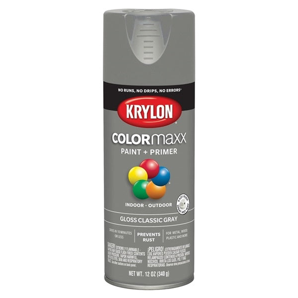 Krylon COLORmaxx K05513007 Spray Paint, Gloss, Classic Gray, 12 oz, Aerosol Can