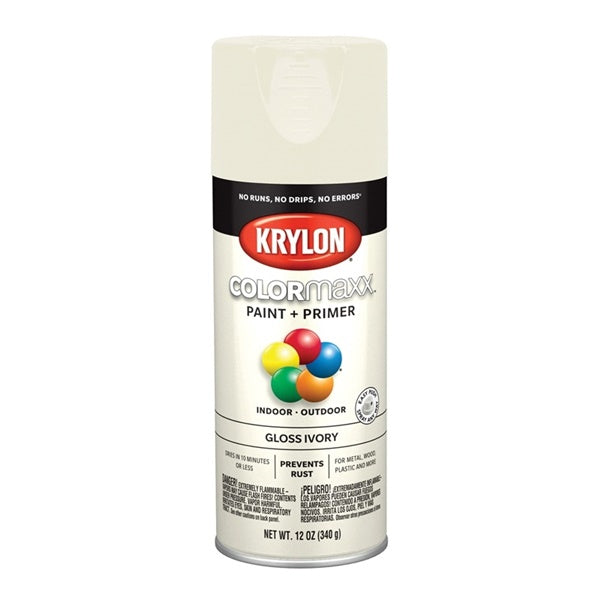 Krylon COLORmaxx K05524007 Spray Paint, Gloss, Ivory, 12 oz, Aerosol Can