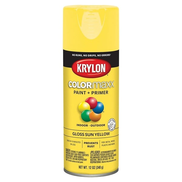 Krylon COLORmaxx K05541007 Spray Paint, Gloss, Sun Yellow, 12 oz, Aerosol Can