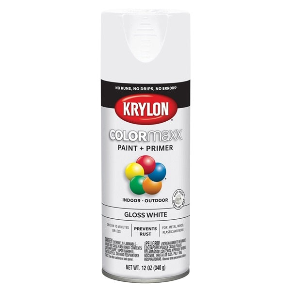 Krylon COLORmaxx K05545007 Spray Paint, Gloss, White, 12 oz, Aerosol Can