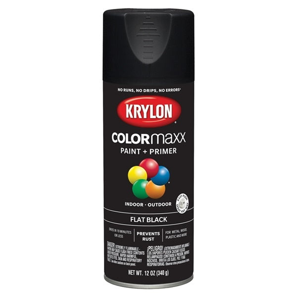 Krylon COLORmaxx K05546007 Spray Paint, Flat, Black, 12 oz, Aerosol Can