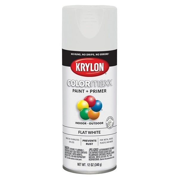 Krylon COLORmaxx K05548007 Spray Paint, Flat, White, 12 oz, Aerosol Can