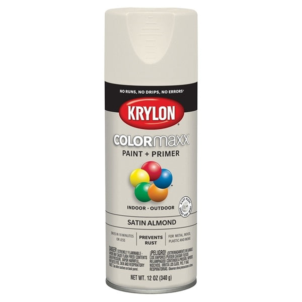 Krylon COLORmaxx K05554007 Spray Paint, Satin, Almond, 12 oz, Aerosol Can