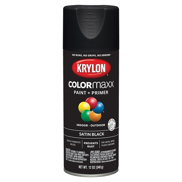 Krylon COLORmaxx K05557007 Spray Paint, Satin, Black, 12 oz, Aerosol Can