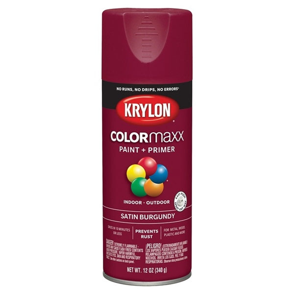 Krylon COLORmaxx K05560007 Spray Paint, Satin, Burgundy, 12 oz, Aerosol Can