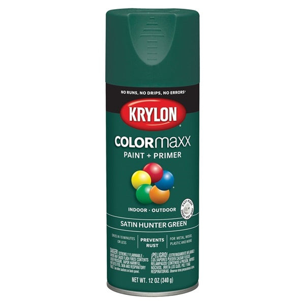 Krylon COLORmaxx K05563007 Spray Paint, Satin, Hunter Green, 12 oz, Aerosol Can