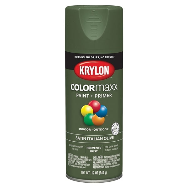 Krylon COLORmaxx K05566007 Spray Paint, Satin, Italian Olive, 12 oz, Aerosol Can