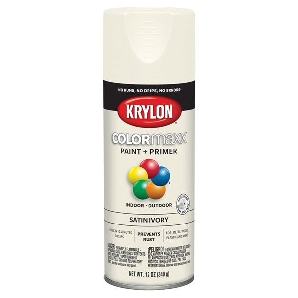 Krylon COLORmaxx K05567007 Spray Paint, Satin, Ivory, 12 oz, Aerosol Can