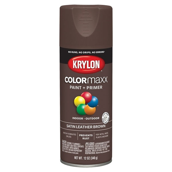 Krylon COLORmaxx K05569007 Spray Paint, Satin, Leather Brown, 12 oz, Aerosol Can