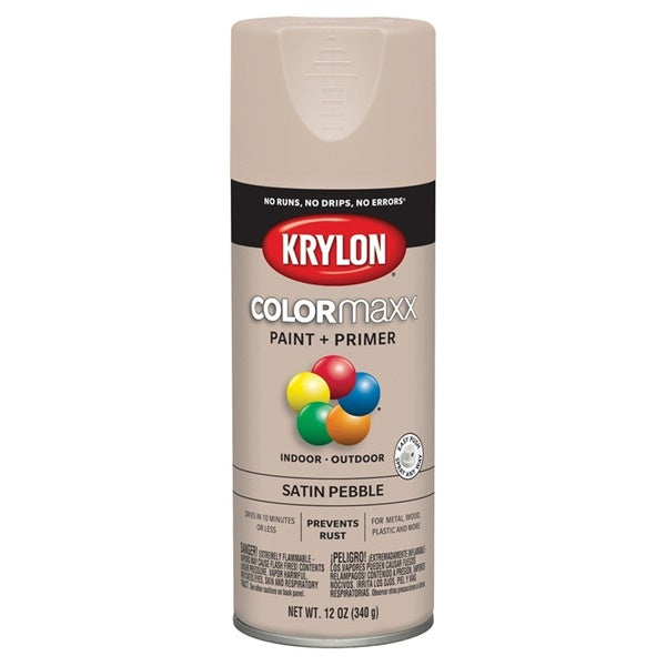 Krylon COLORmaxx K05572007 Spray Paint, Satin, Pebble Gray, 12 oz, Aerosol Can