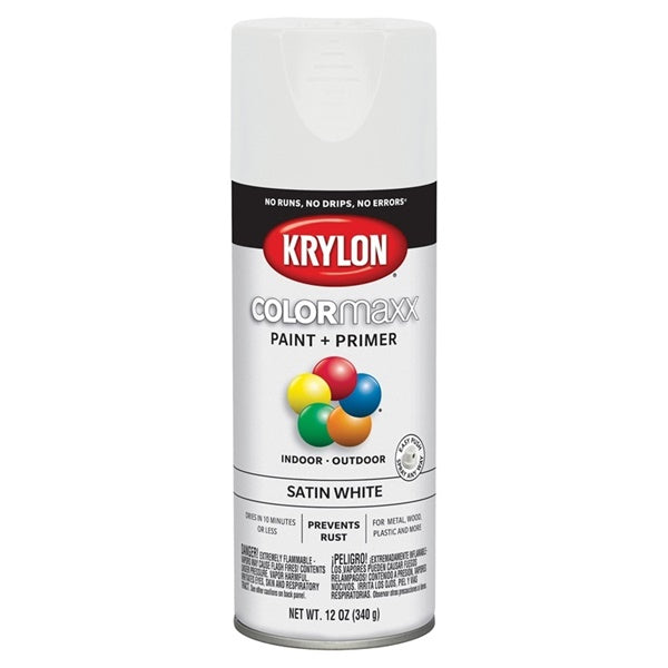 Krylon COLORmaxx K05577007 Spray Paint, Satin, White, 12 oz, Aerosol Can