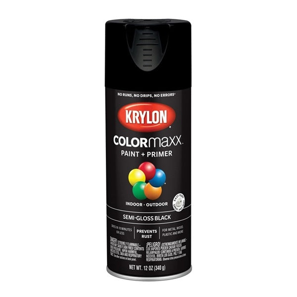 Krylon COLORmaxx K05579007 Spray Paint, Gloss, Black, 12 oz, Aerosol Can