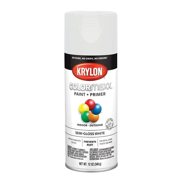 Krylon COLORmaxx K05580007 Spray Paint, Semi-Gloss, White, 12 oz, Aerosol Can