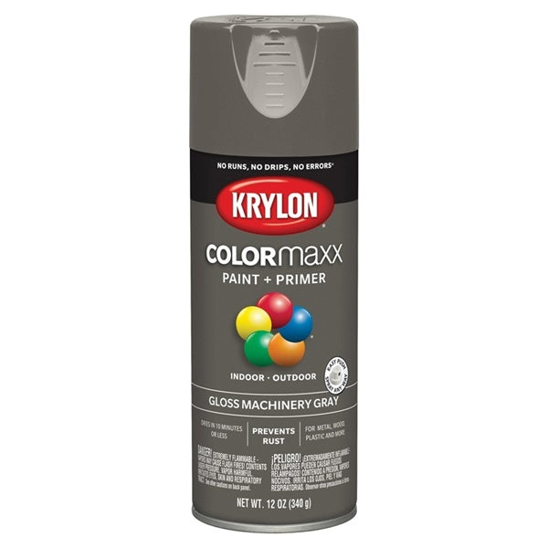 Krylon COLORmaxx K05599007 Spray Paint, Gloss, Machinery Gray, 12 oz, Aerosol Can