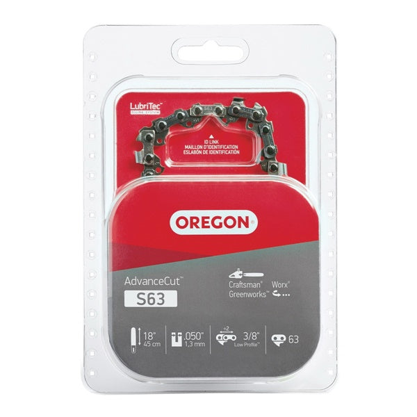 Oregon AdvanceCut S63 Chainsaw Chain, 18 in L Bar, 0.05 Gauge, 3/8 in TPI/Pitch, 63-Link