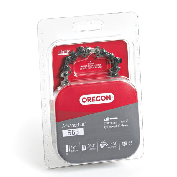 Oregon AdvanceCut S63 Chainsaw Chain, 18 in L Bar, 0.05 Gauge, 3/8 in TPI/Pitch, 63-Link