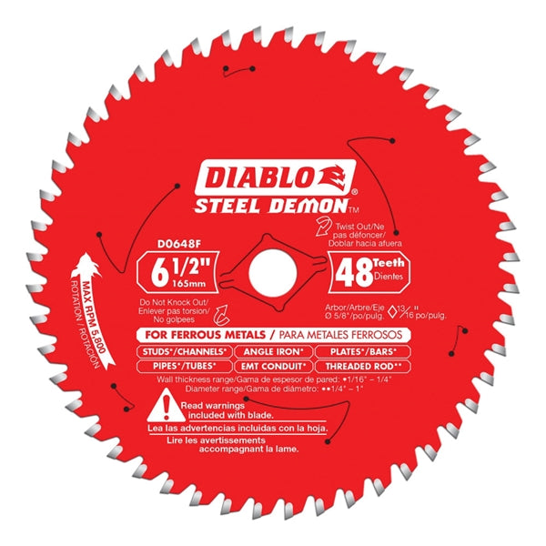 Diablo D0648FA Circular Saw Blade, 6-1/2 in Dia, 5/8 in Arbor, 48-Teeth, Applicable Materials: Steel