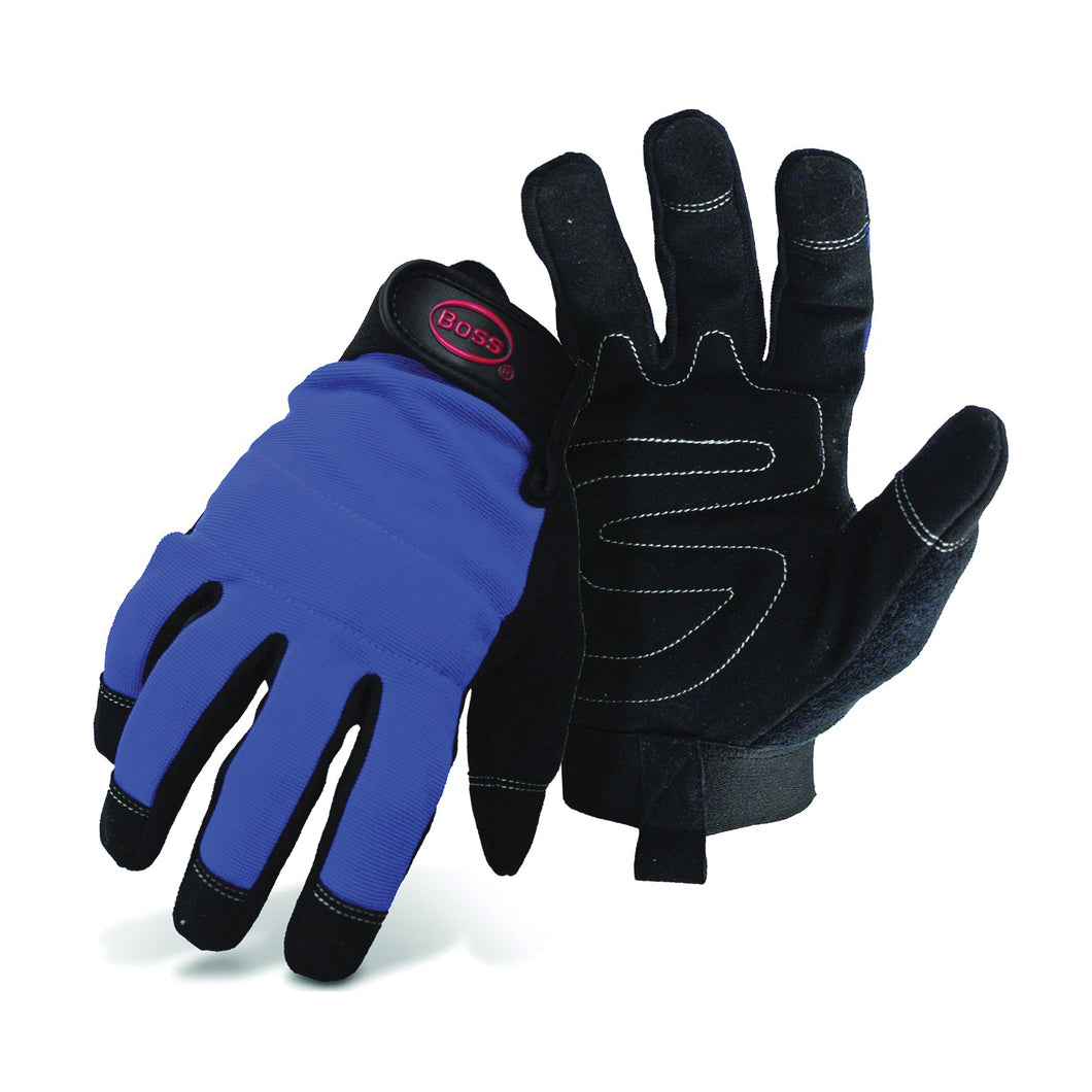 BOSS 5205M Mechanic's Gloves, Men's, M, Reinforced Thumb, Wrist Strap Cuff, Blue