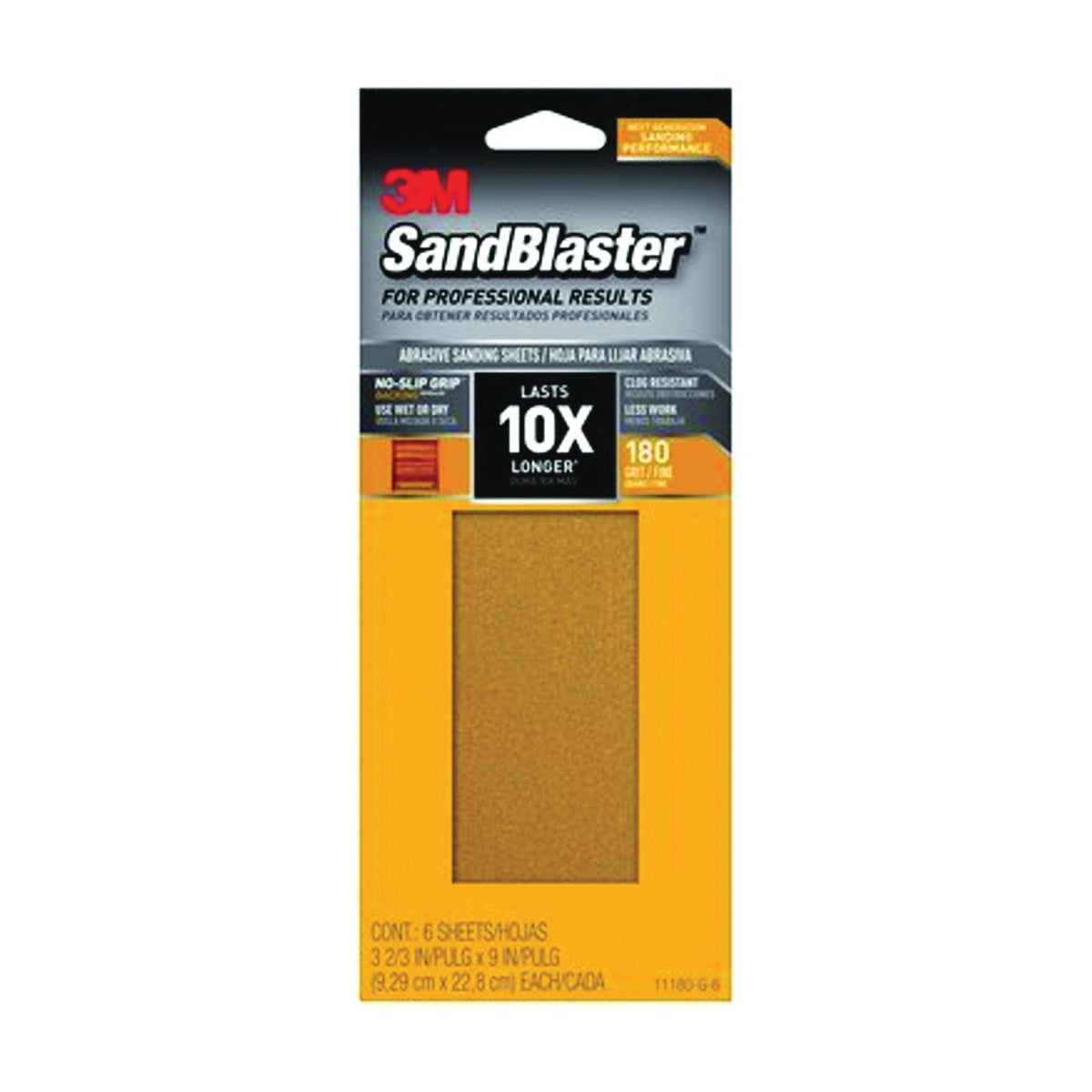 3M SandBlaster Series 11180-G-6 Sandpaper, 9 in L, 3-2/3 in W, 180 Grit, Medium, Synthetic Mineral Abrasive