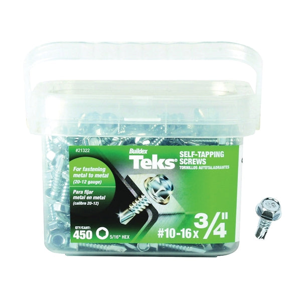 Teks 21322 Screw, #10 Thread, 3/4 in L, Hex Drive, Self-Drilling, Self-Tapping Point, Steel, Zinc, 450 PAIL