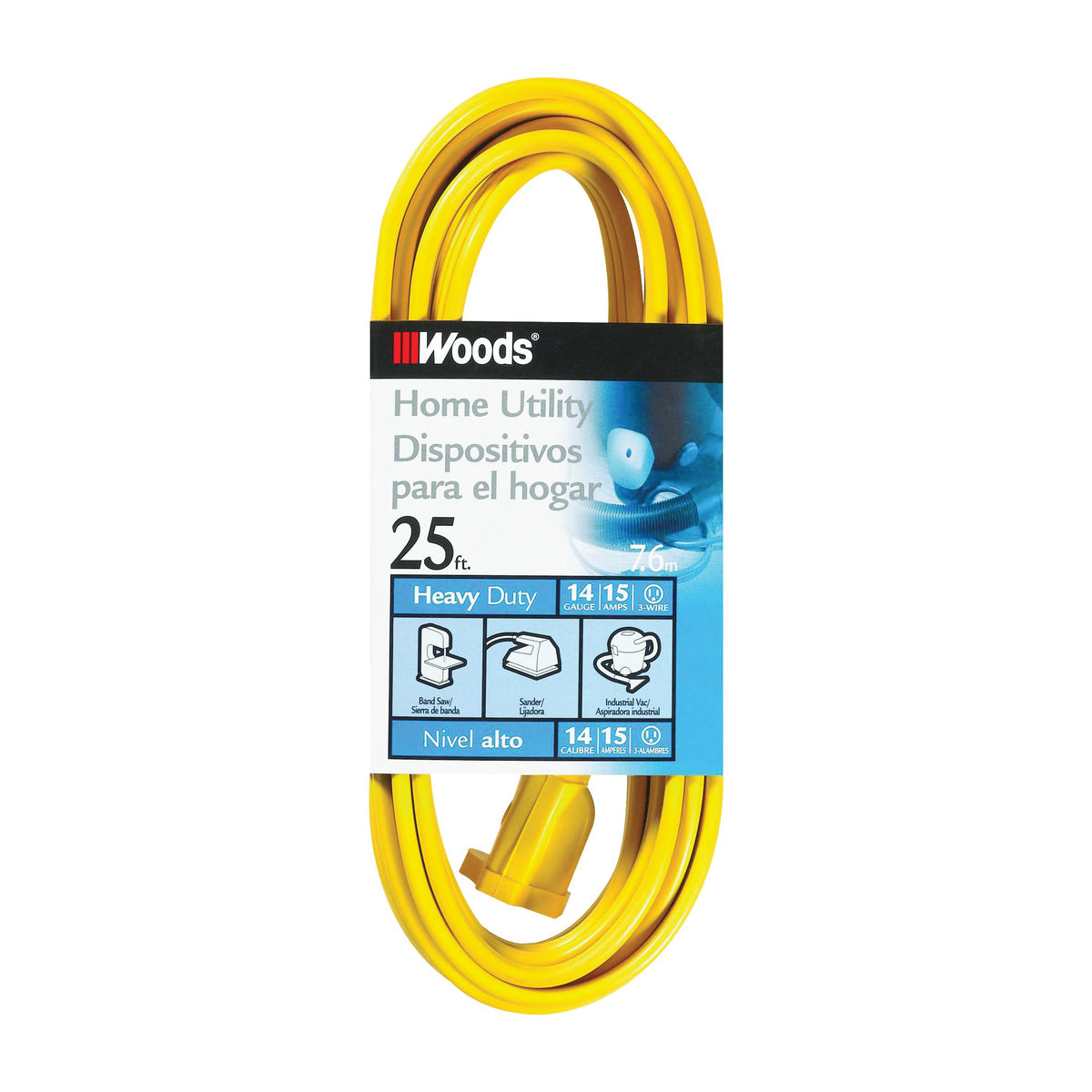 Woods 0834 Extension Cord, 14 AWG Cable, 25 ft L, 15 A, 125 V, Yellow