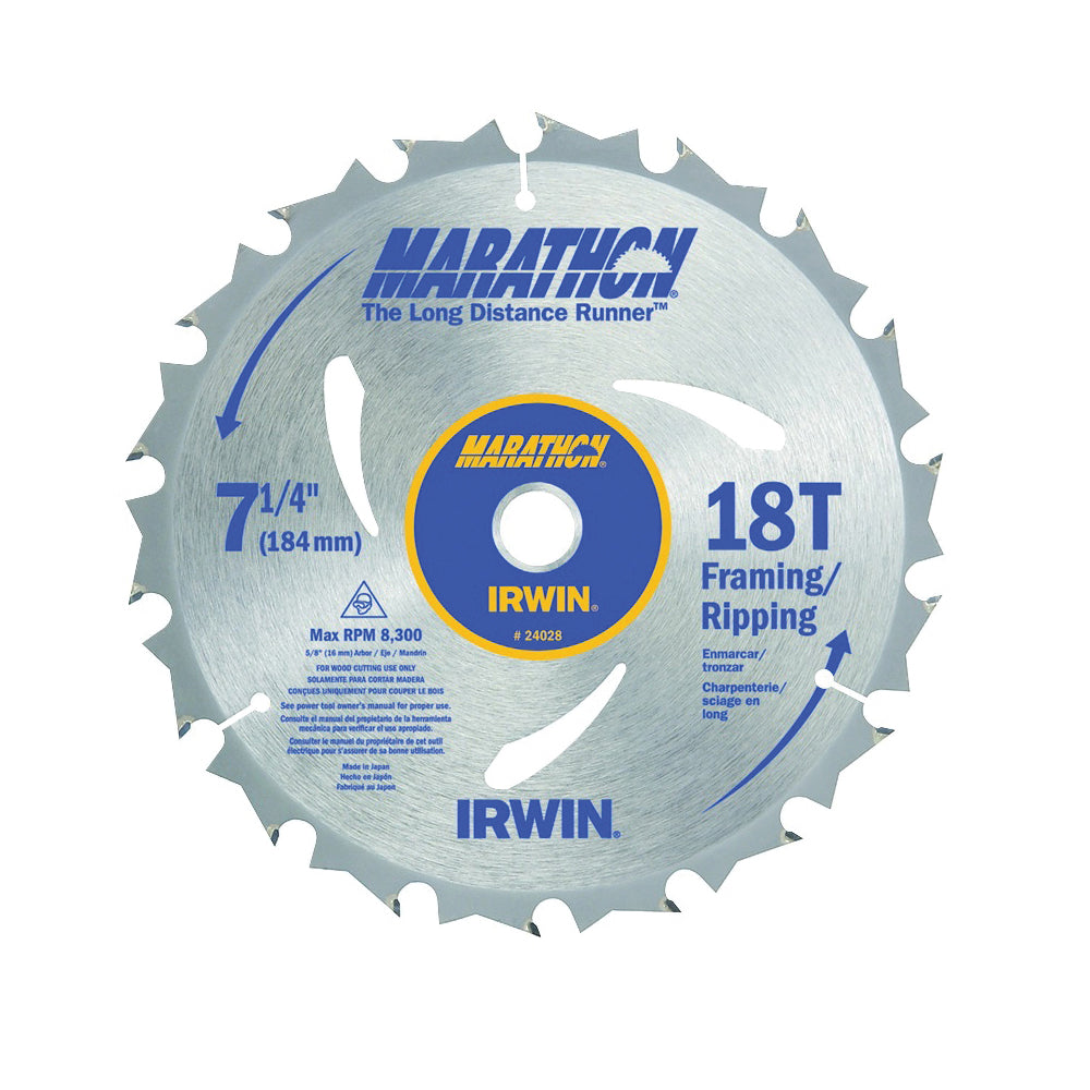 IRWIN MARATHON 24028 Circular Saw Blade, 7-1/4 in Dia, 5/8 in Arbor, 18-Teeth, Carbide Cutting Edge