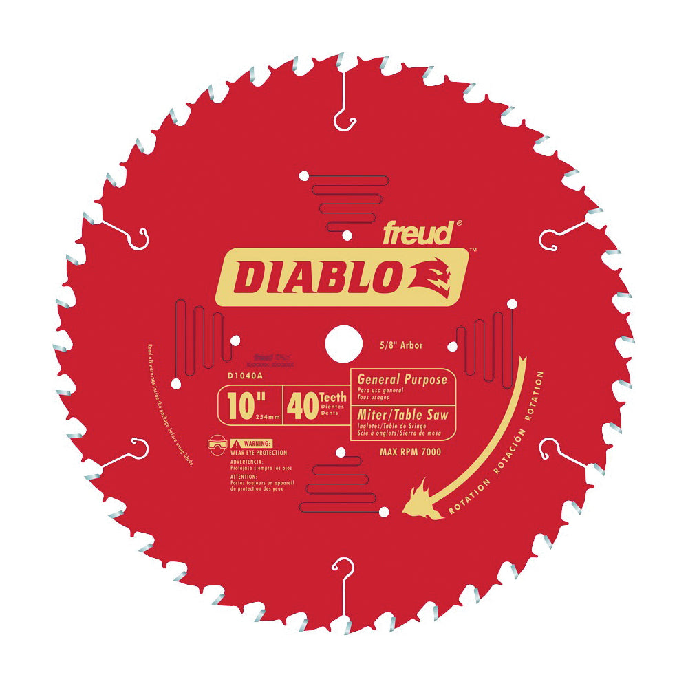 Diablo D1040A Circular Saw Blade, 10 in Dia, 5/8 in Arbor, 40-Teeth, Carbide Cutting Edge