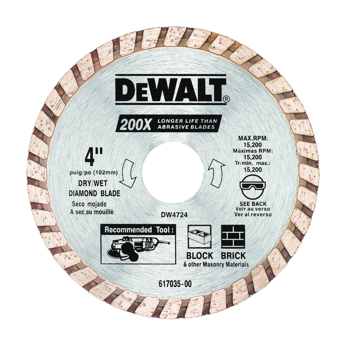 DeWALT DW4724 Circular Blade, 4 in Dia, 7/8 in Arbor, Diamond Cutting Edge, Continuous Rim