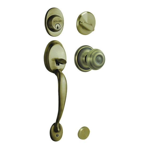 Schlage F60PLYXGEO609 Handleset, 1 Grade, Keyed Different Key, Brass, Antique Brass, 2-3/8 x 2-3/4 in Backset, C Keyway