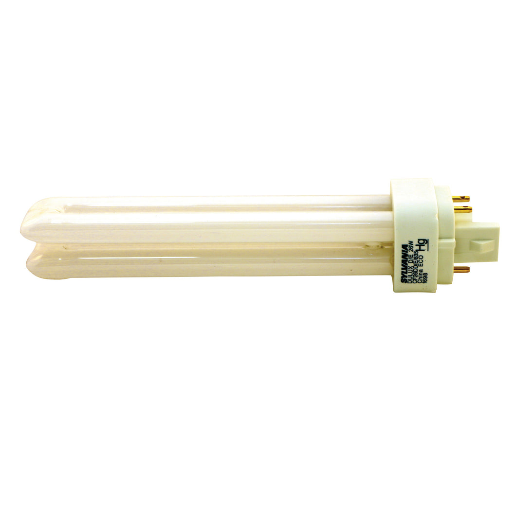 Sylvania 20644 Compact Fluorescent Bulb, 26 W, T12 Lamp, G24Q-3 Lamp Base, 989 Lumens, 3500 K Color Temp, White Light