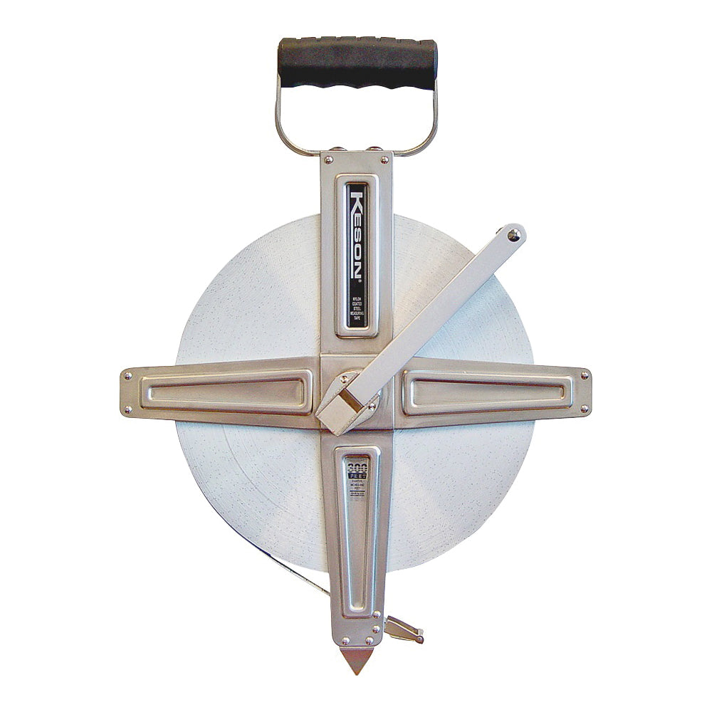 KESON SNR18300 Tape Measure, 300 ft L Blade, 3/8 in W Blade, Steel Blade, Stainless Steel Case, Chrome Case