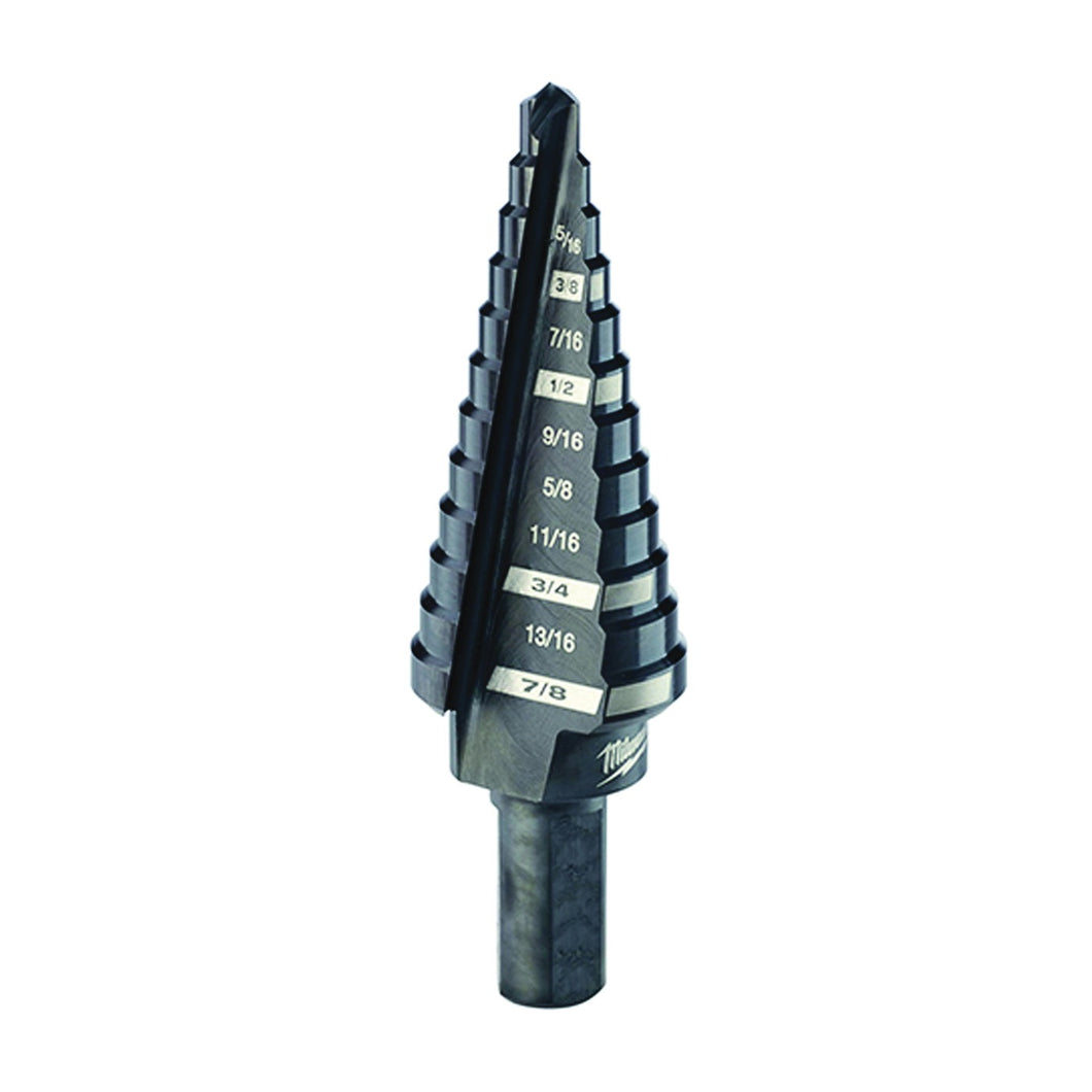 Milwaukee 48-89-9204 Step Drill Bit, 3/16 to 7/8 in Dia, 2-61/64 in OAL, 2-Flute, 3/8 in Dia Shank, Flat Shank