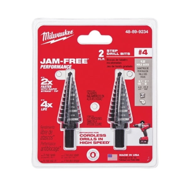 Milwaukee 48-89-9234 #4 Step Drill Bit, 3/16 to 7/8 in Dia, 2-Flute, 3/8 in Dia Shank, 3-Flat Shank