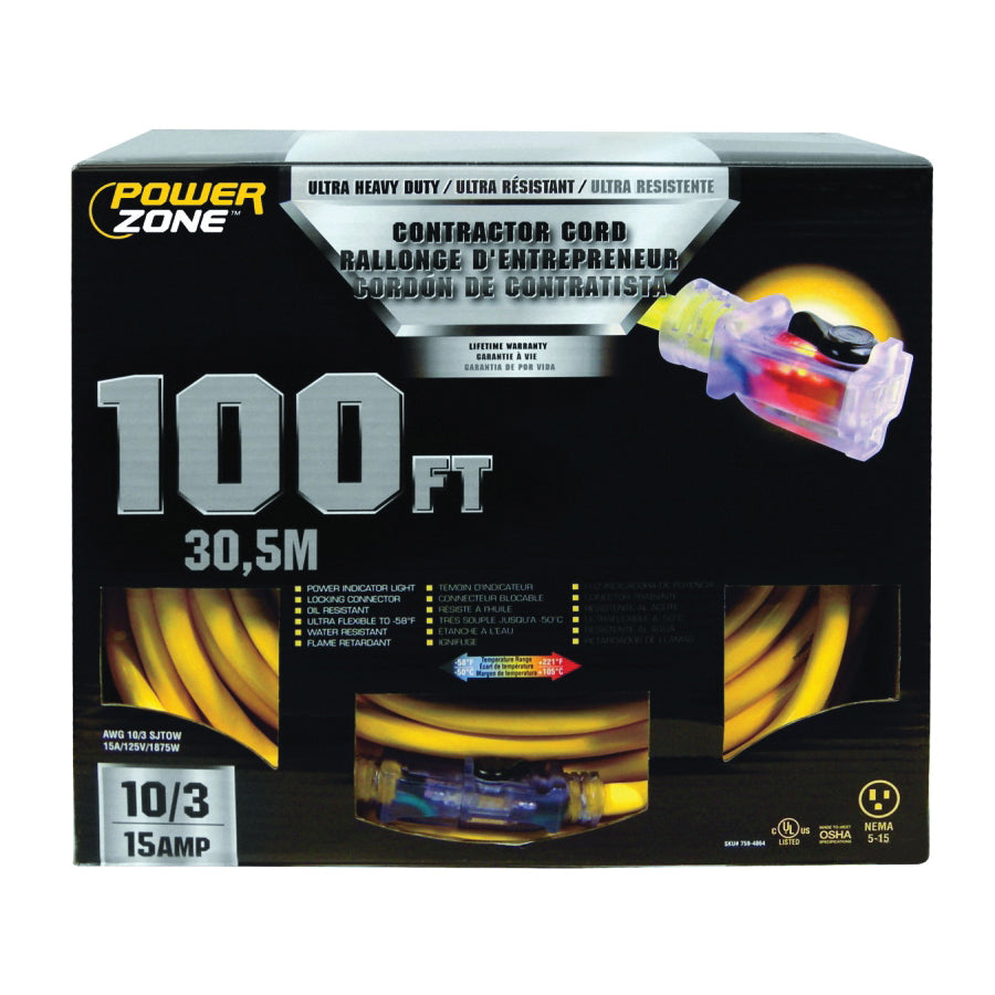 PowerZone Contractor Cord, 10 AWG Cable, 100 ft L, 15 A, 125 V, Yellow