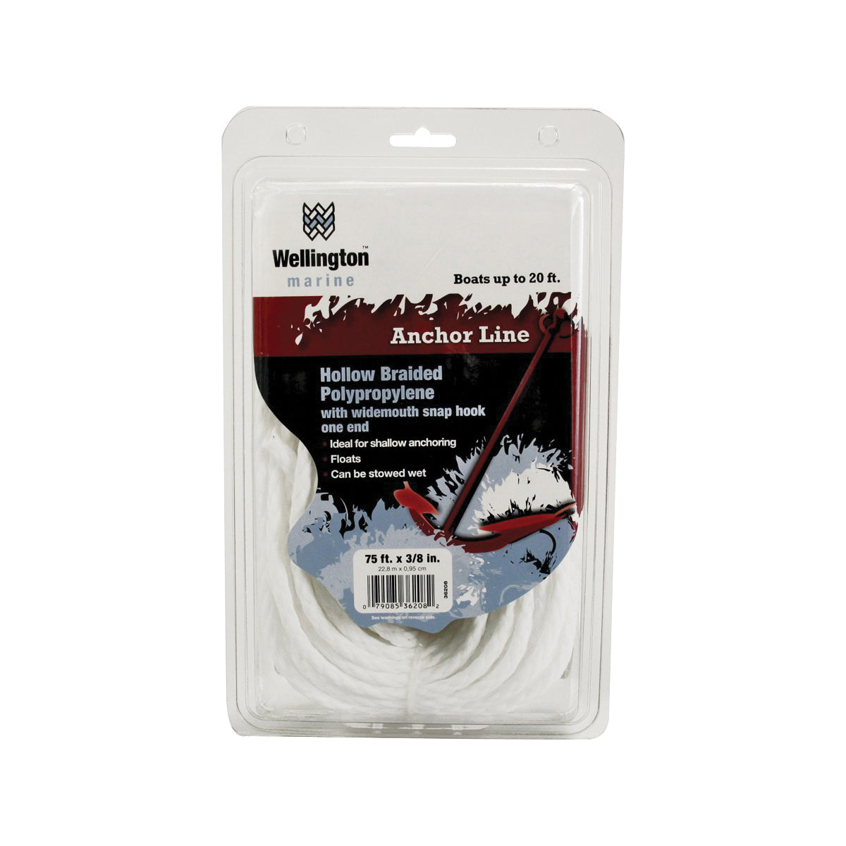 Wellington 36208/28901 Anchor Line, 3/8 in Dia, 75 ft L, Nylon, White