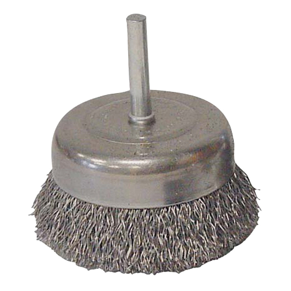 Weiler 36030 Wire Cup Brush, 3 in Dia, 1/4 in Arbor/Shank, 0.014 in Dia Bristle, Carbon Steel Bristle