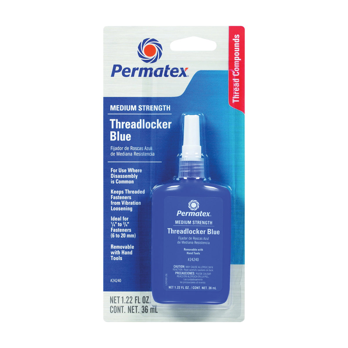 Permatex 24240 Threadlocker, Liquid, Mild, Blue, 36 mL Bottle