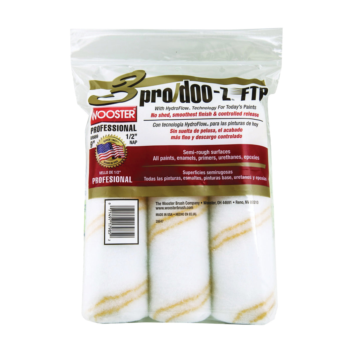 WOOSTER RR669-9 Paint Roller Cover, 1/2 in Thick Nap, 9 in L, Fabric Cover, White