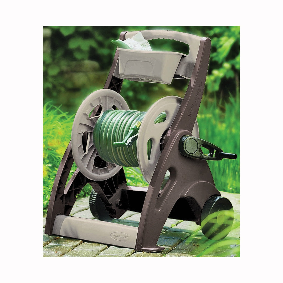 Suncast SFB200B Hose Reel Cart, 5/8 in Hose, 225 ft of 5/8 in Hose, Crank Handle, Resin