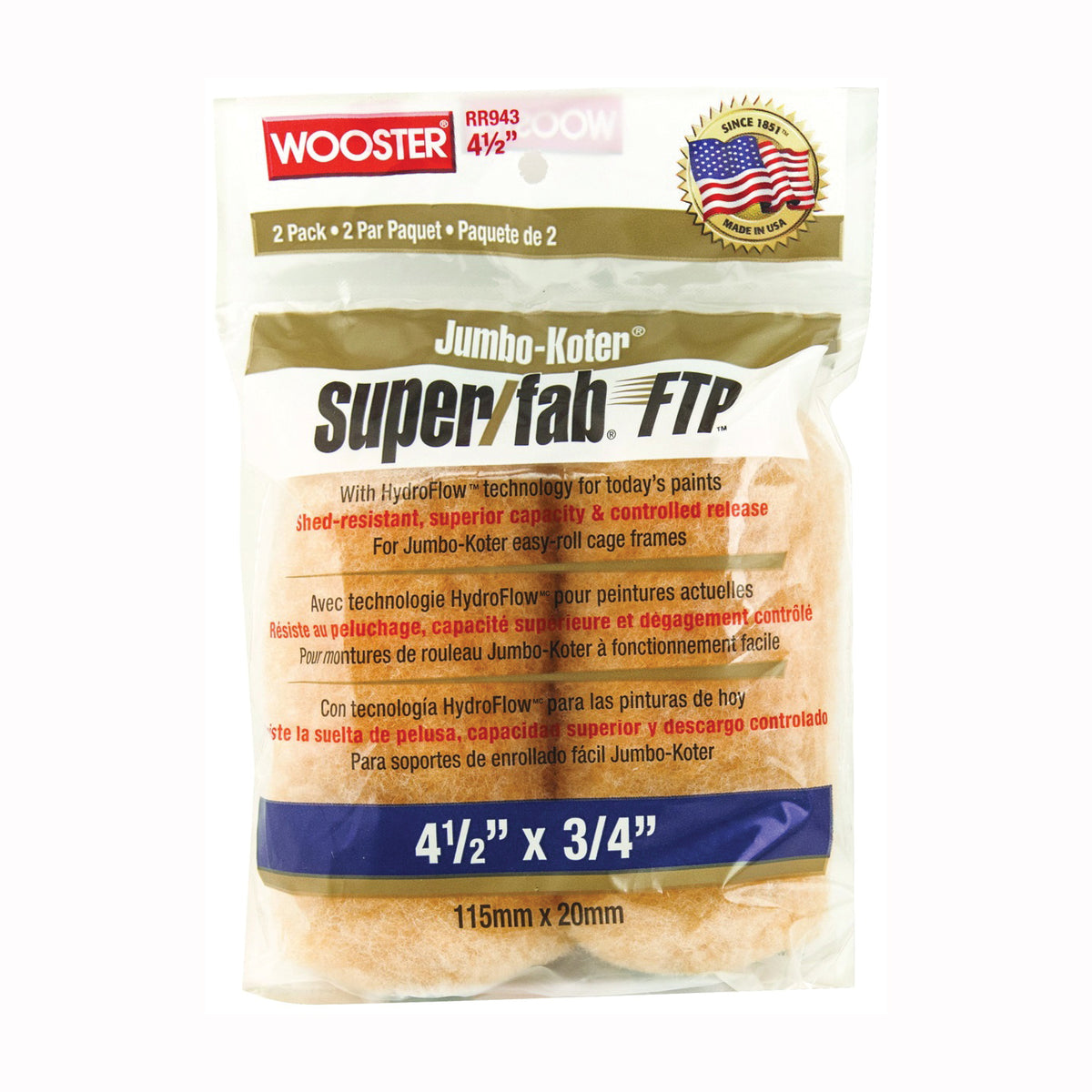 WOOSTER RR943-4 1/2 Paint Roller Cover, 3/4 in Thick Nap, 4-1/2 in L, Fabric Cover, Lager