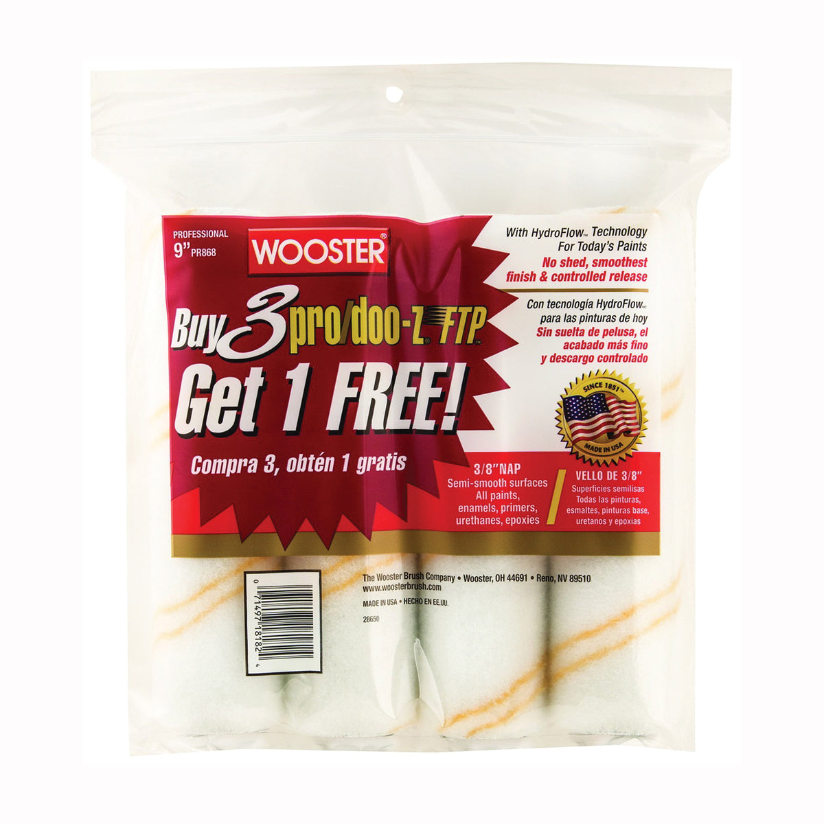 WOOSTER RR868-9 Paint Roller Cover, 3/8 in Thick Nap, 9 in L, Fabric Cover, White