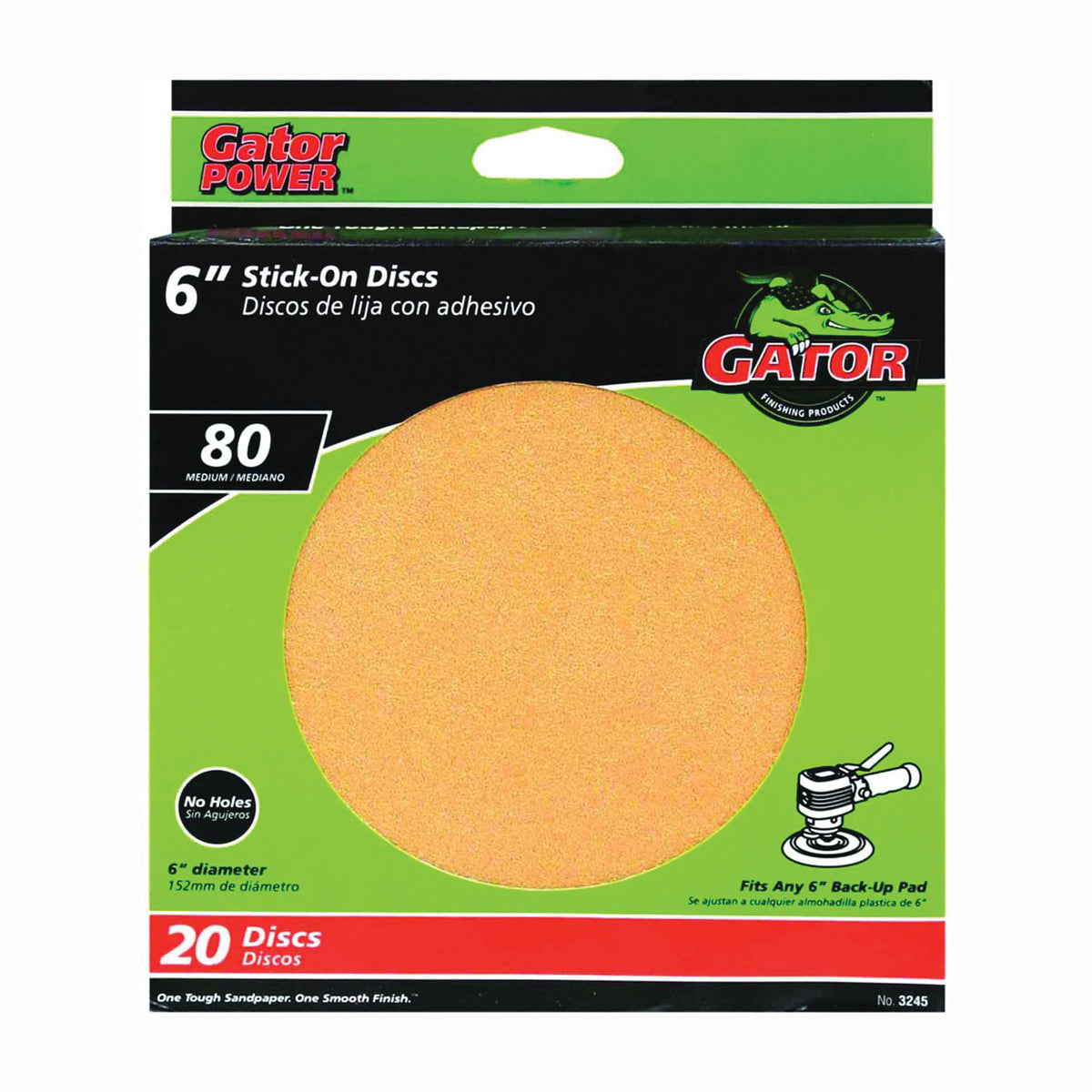 Gator 3245 Sanding Disc, 6 in Dia, Coated, 80 Grit, Medium, Aluminum Oxide Abrasive, Paper Backing