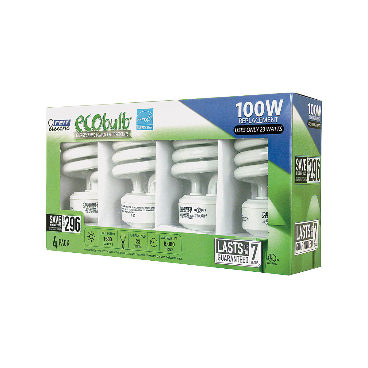 Feit Electric ESL23TM/4/RP Compact Fluorescent Bulb, 23 W, Spiral Lamp, Medium E26 Lamp Base, 1600 Lumens