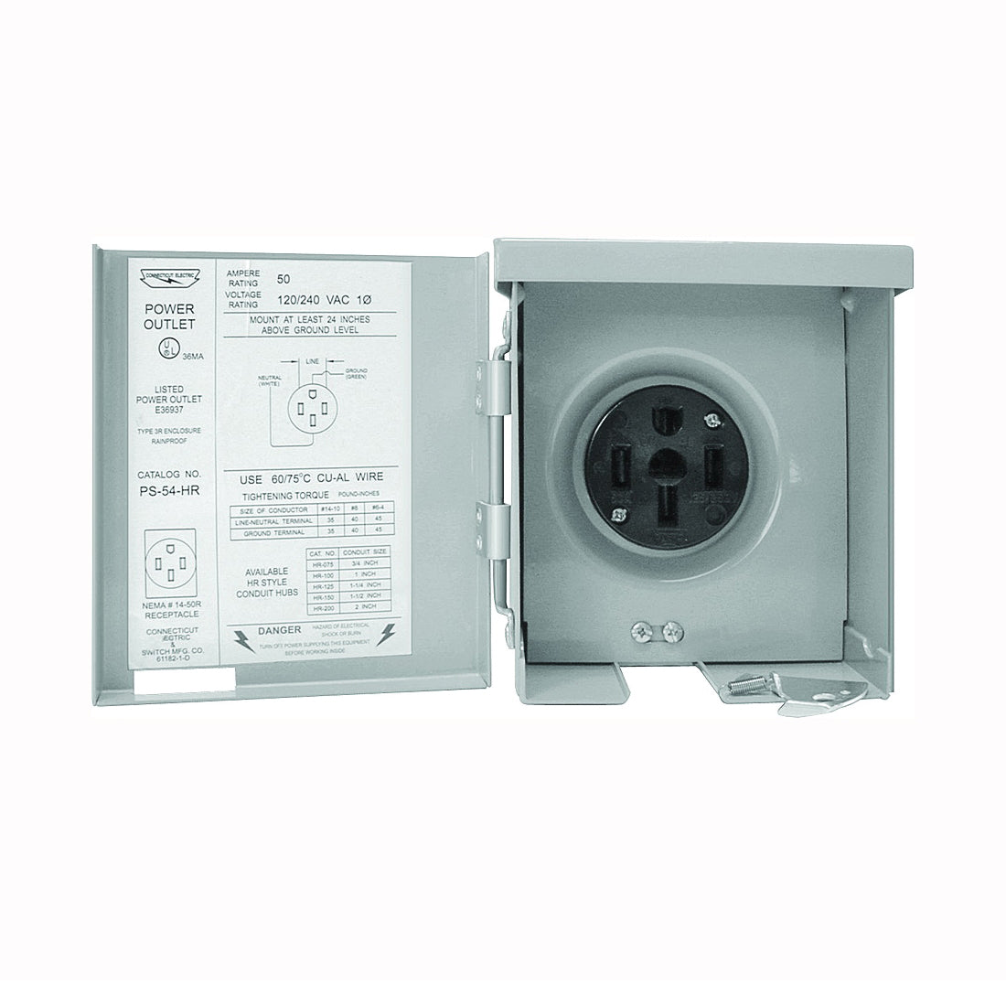 CONNECTICUT ELECTRIC PS-54-HR Power Outlet, 50 A, Steel