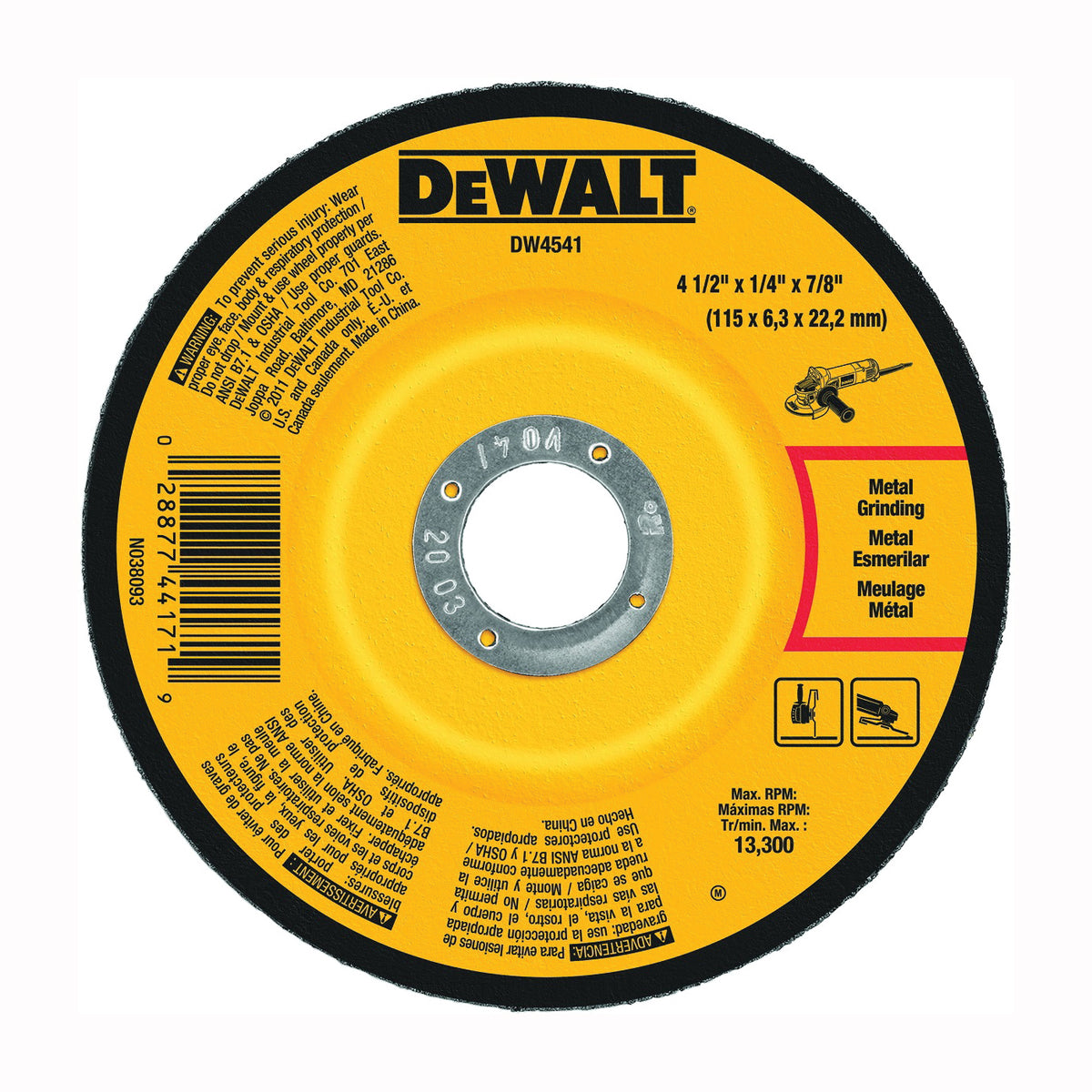 DeWALT DW4541 Grinding Wheel, 4-1/2 in Dia, 1/4 in Thick, 7/8 in Arbor, 24 Grit, Coarse, Aluminum Oxide Abrasive