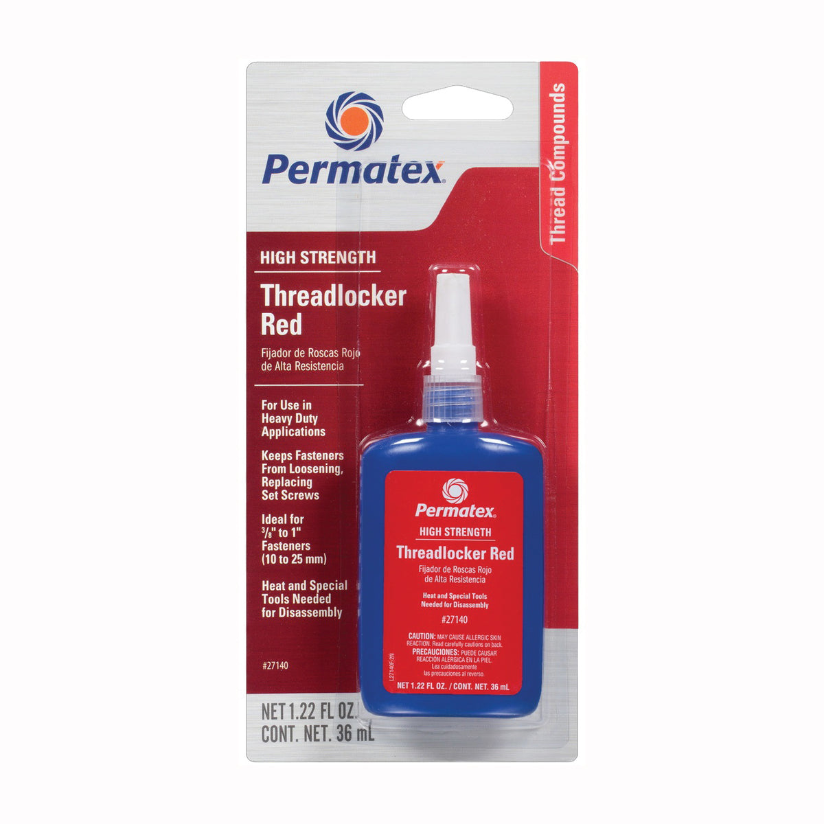 Permatex 27140 Threadlocker, Liquid, Mild, Red, 36 mL Bottle